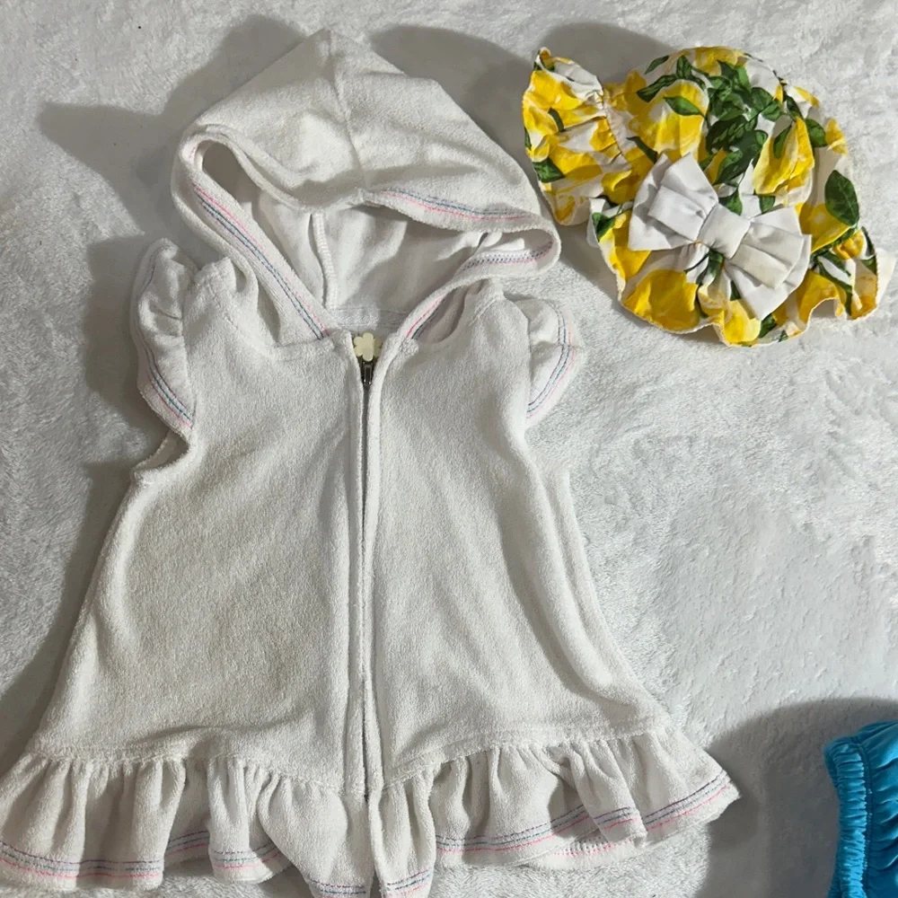 NWOT baby girls summer swim bundle. Coverup, 3 swim diapers, & hat 12/18mo